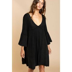 POL Clothing Acid Black V Neck Tunic Dress Summer Boho Bohemian Long Sleeve New